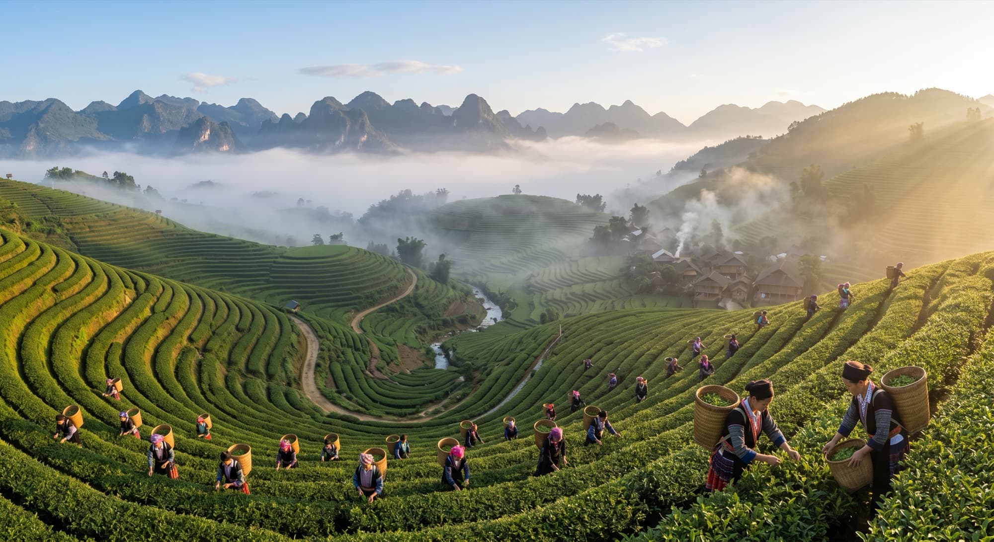 Đồi trà Tây Côn Lĩnh, Hà Giang — người hái trà H'Mông