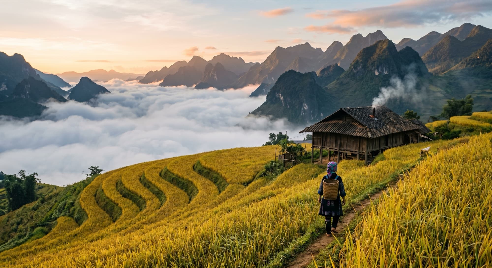 Mùa gặt trên ruộng bậc thang Mù Cang Chải, người phụ nữ H'Mông đi trên đường mòn giữa mây núi